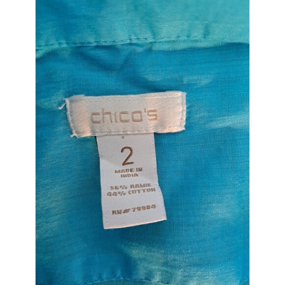 Chico's Shirt Womens 2/L Turquoise Button-Up Roll-Tab Sleeve Tunic Lightweight - Picture 7 of 10
